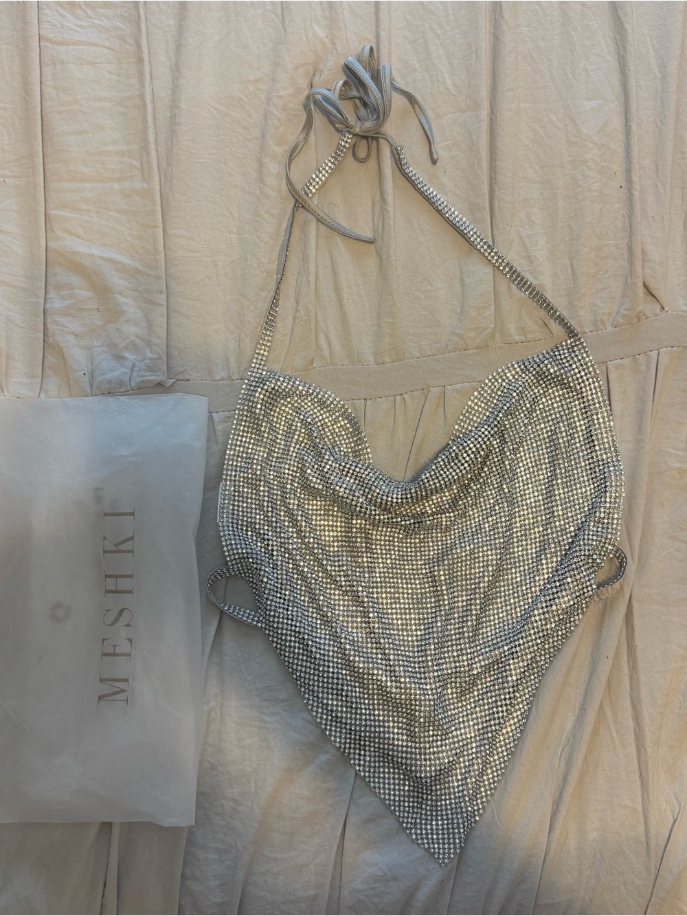 Meshki Silver Draped Crystal Halter Top